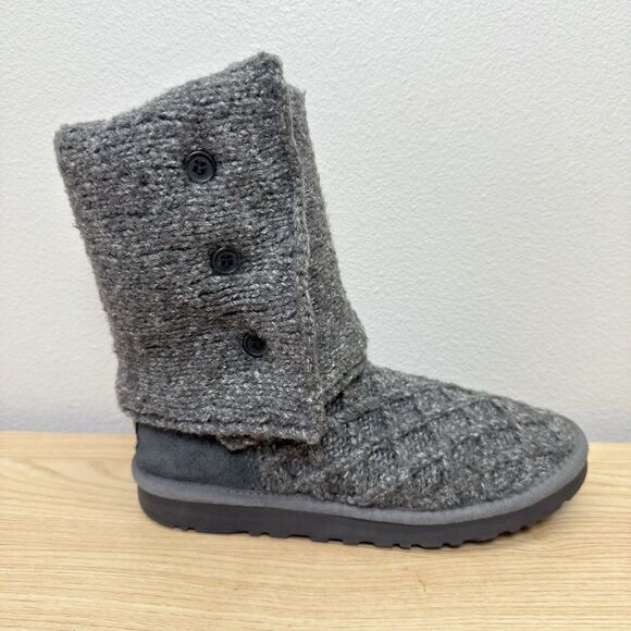 UGG Knit Boots Womens 7 Cardy Tall Sock Sweater Gray Lattice Australia Wool - Picture 5 of 13